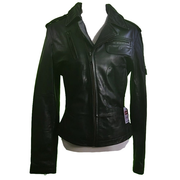 LEVI STRAUSS Co. BLACK LEATHER MOTORCYCLE BIKER JACKET-WOMEN-M -5 POCKET - Picture 2 of 13
